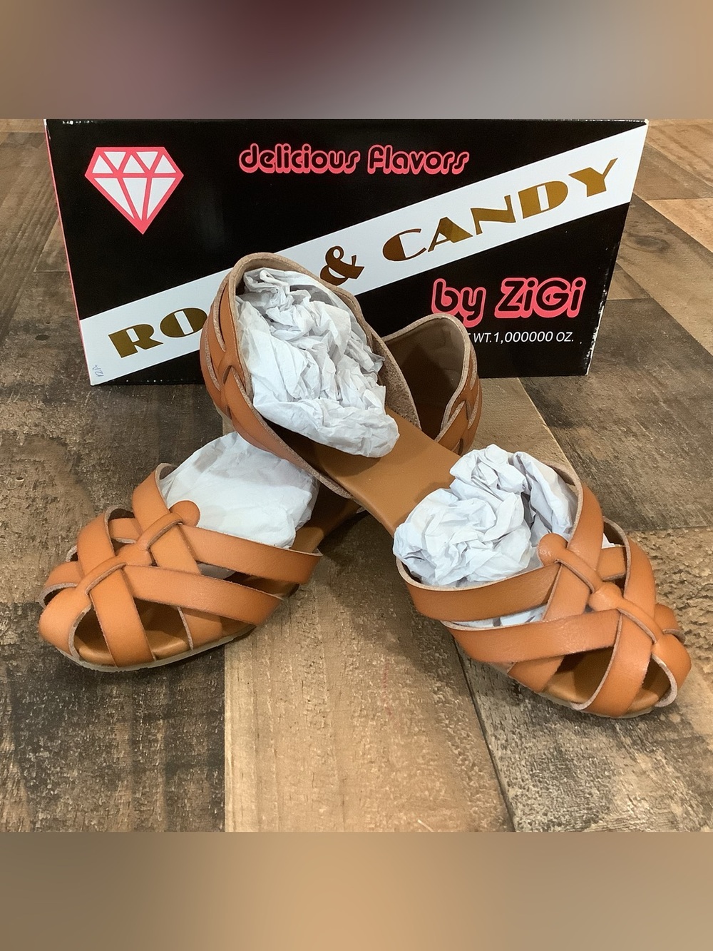 NIB Rock & Candy By Zigi Tan Leather Woven Huarache Slide Sandals 8.5 NEW